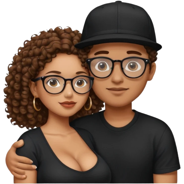 A picture of a tanned couple embracing. the guy is Mexican, with a bald hair cut and he has a SnapBack hat on. The girl is mixed, the girl is wearing a black shirt, the girl has brown curly big hair and the girl has big boobs and the girl wears glasses  emoji