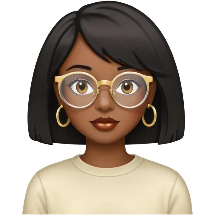 Dark Black girl with black shoulder length bob with layers. She wears clear glasses and has on small gold hoop earrings and lipgloss. Shes also wearing a cream colored crew neck shirt emoji