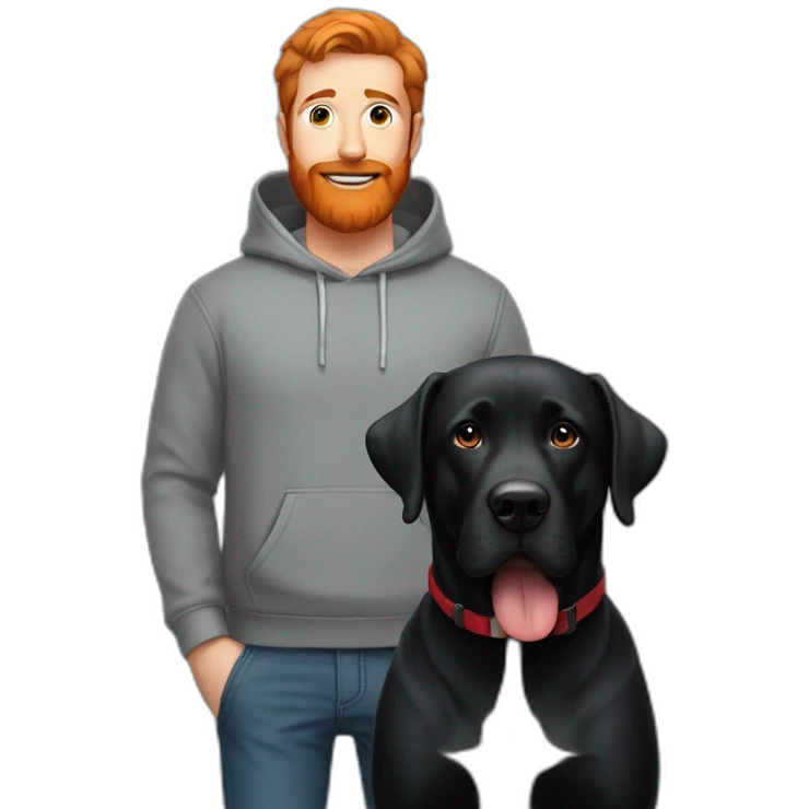 a man in a grey hoodie with a red beard, standing next to a black Labrador emoji