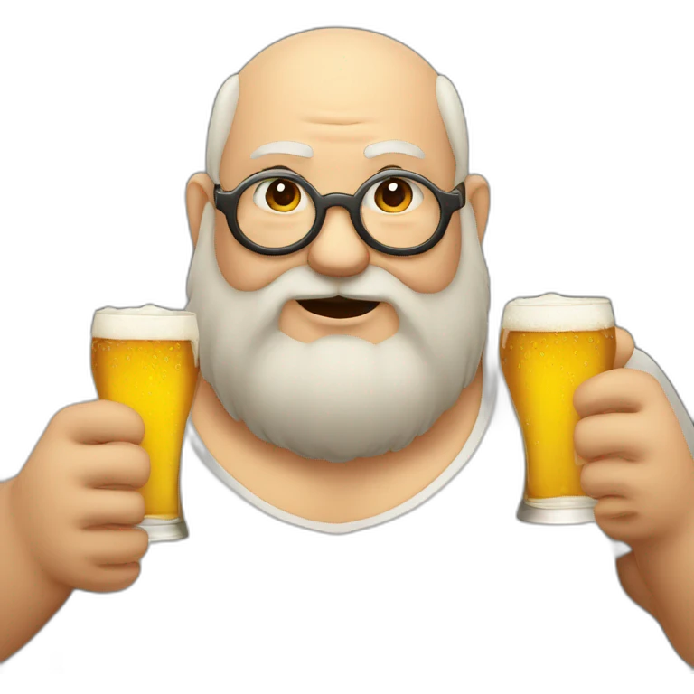 fat old man with beard and without hair, using eye glass, drinking beer emoji