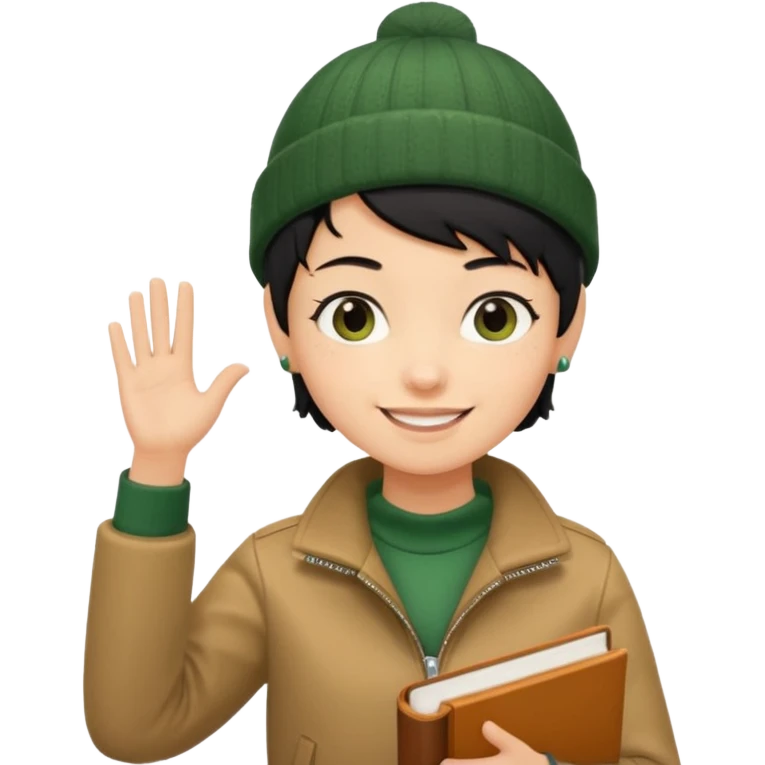 tan skin, non binary man with pixie cut black hair, wearing brown jacket and dark green beanie, smiling , holding up  book  emoji