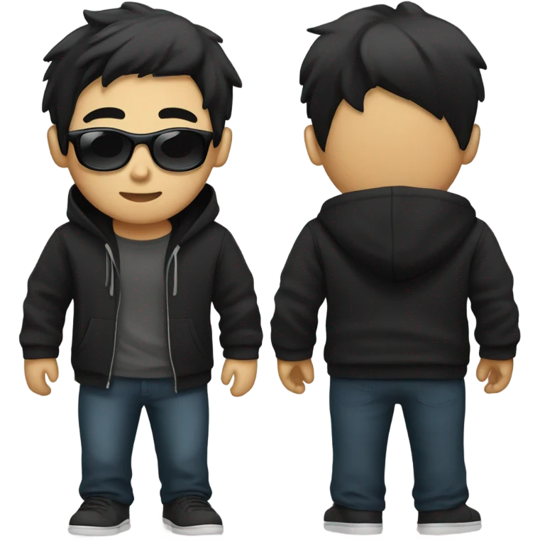 programmer, student, asian, black hair, black eyes, male, round face, black sunglasses, black hoodie, part hairstyle emoji