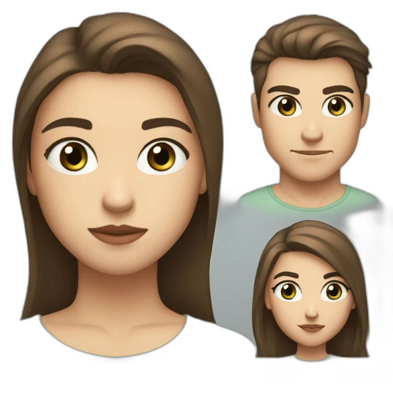 couple girl with guy, brown hair, athletic build, serious expression, full lips, the guy has blue eyes, the girl has gray-green eyes, the girl has long hair emoji