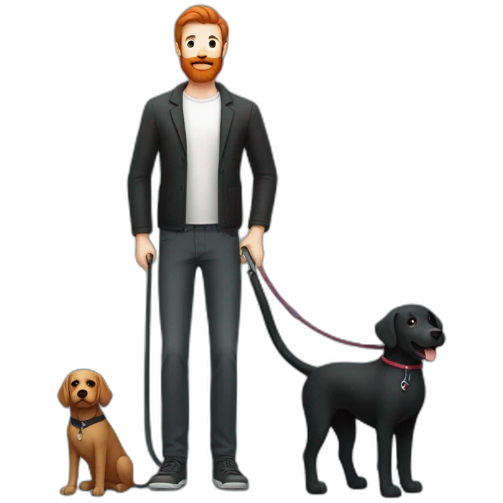 a slender man in a  sporting a red beard and wear casual outfit, standing next to a black Labrador dog, holding it on a leash emoji