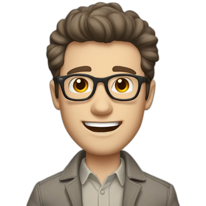 Joyful Pale skinned Fit Man With dark brown hair in gray jacket, beige office shirt, Brown pants and vintage glasses. His thrumbs up emoji