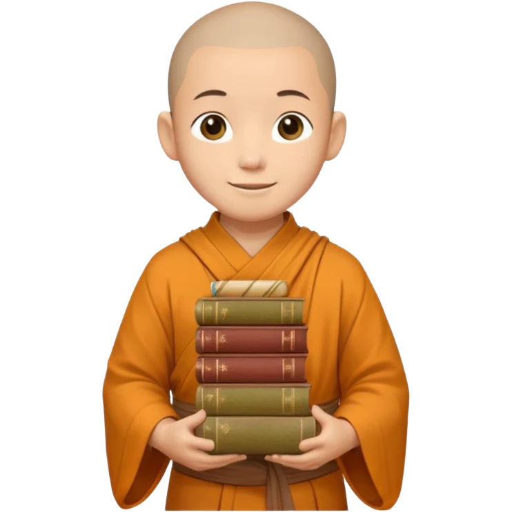 A young monk carrying a stack of ancient books, slightly wobbling but smiling softly.
 emoji