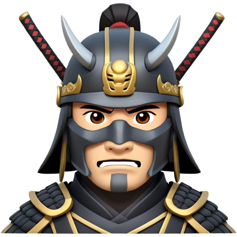 clash-of-clans-aesthetic_-cinematic-fearsome-and-majestic-samurai-bust-portrait-emoji, rendered in a flat, vector-style with minimal shading and bold, simplified shapes typical of emoji art, depicting a battle-hardened samurai with black mask and traditional black Japanese armor. The samurai is riding a noble grey warhorse adorned with an intricately designed saddle and fluttering banners and a rising sun. a samurai on a   horse emoji