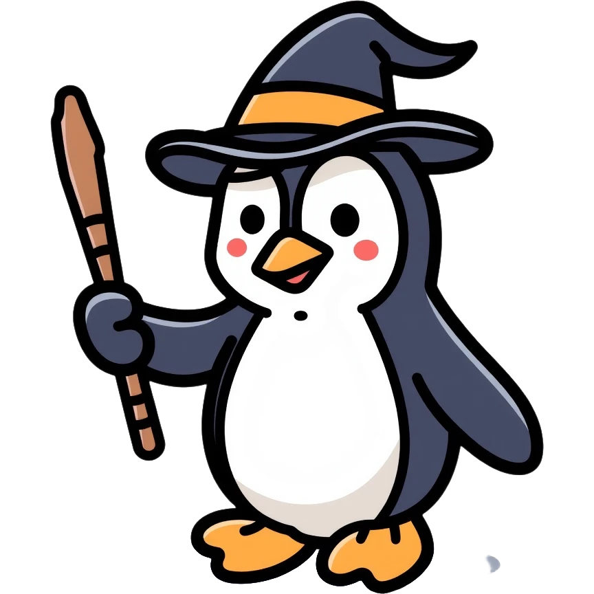 penguin wizard with magic wand and wizard hat emoji