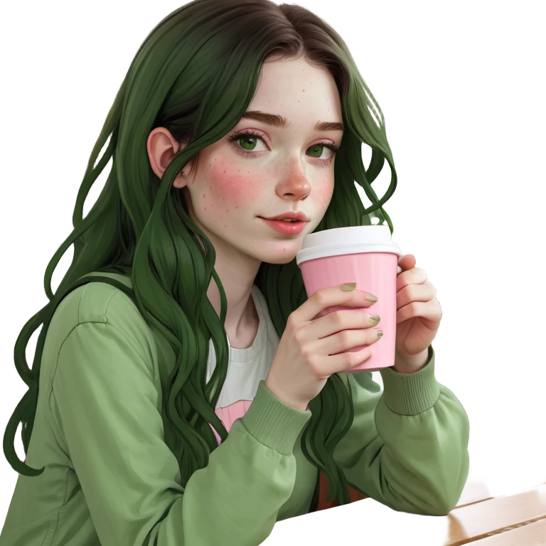 Girl with long dark slightly wavy hair and pale skin with freckles wearing cottage core outfit with pinks and whites drinking a coffee emoji