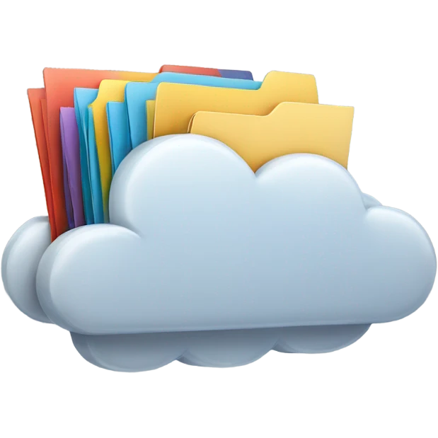 A cloud with folders and files flying in and out of it. emoji