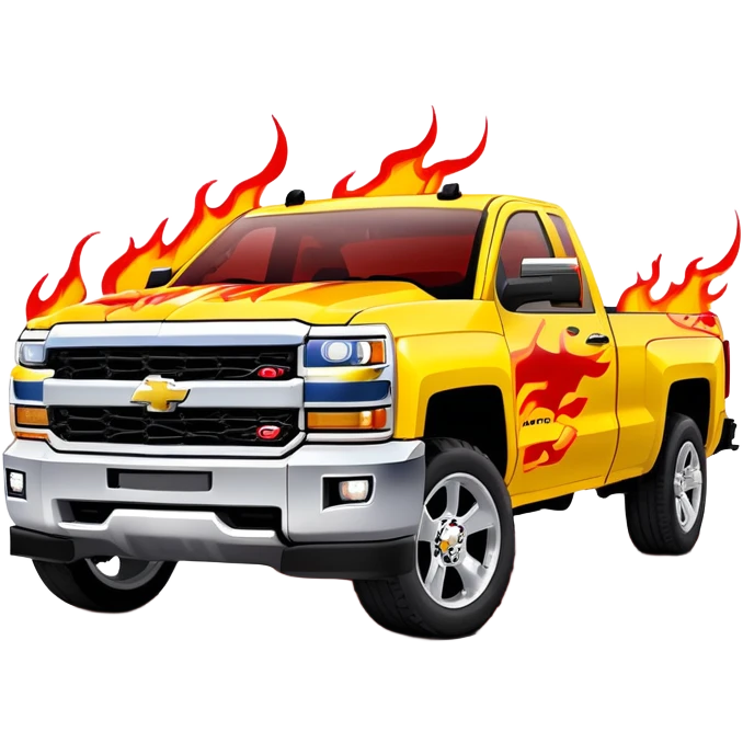 Yellow Chevrolet Silverado with elaborate airbrushed red flame pattern on hood and front quarter panels, screen-accurate Kill Bill truck artwork, 30-degree angle, iOS emoji style emoji