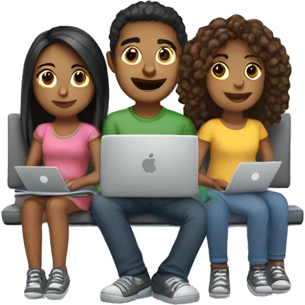 2 girl and 3 man each of them holding laptop and sit together  emoji