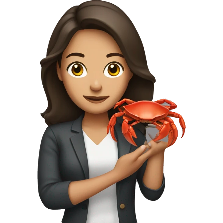 Brunette woman holding a crab emoji