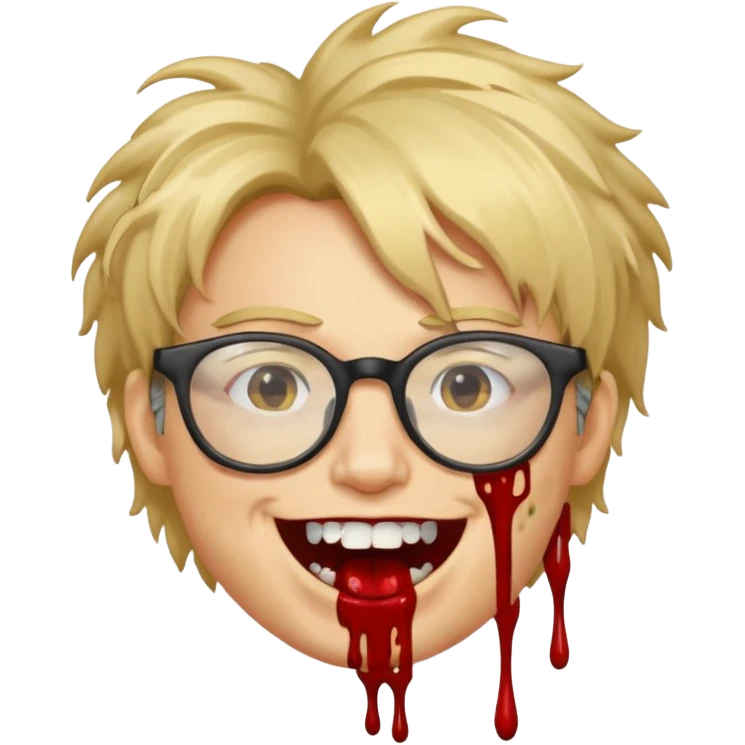 Cabelo bagunçado com oculos sorrindo com metade do rosto com dente de ouro e saindo sangue da boca  emoji