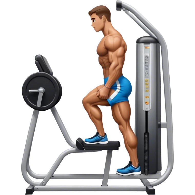side-view bodybuilder using gym calf-raise machine emoji