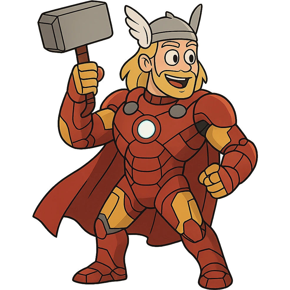 Cartoon version of Thor merged with Iron Man, cape, glowing arc reactor, fun and energetic emoji