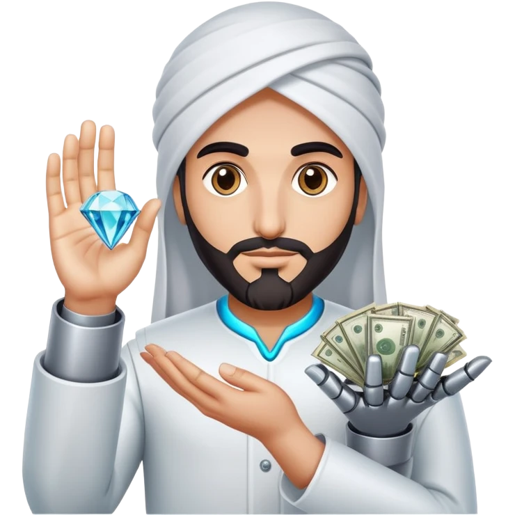 A persian trader diamond 💎 in hand . A bot hand 🤖 . With money 💵 do magic 🔮 emoji