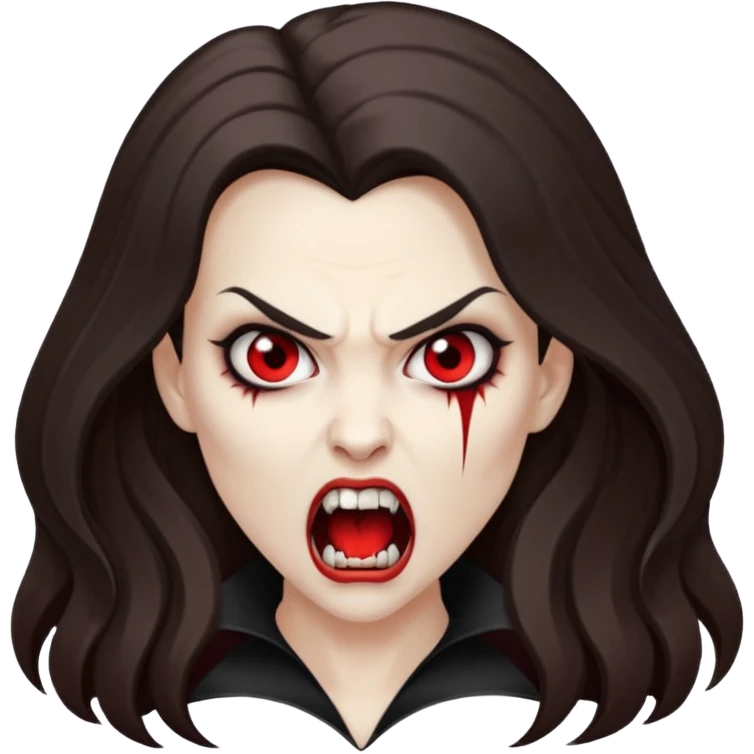 vampire woman with white skin, brunette, long hair, angry face, fangs out emoji