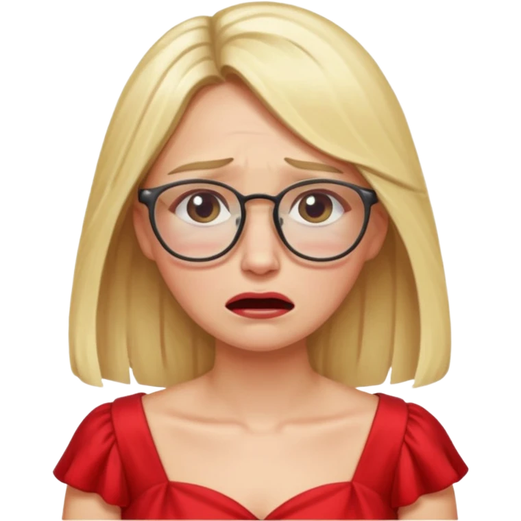 lomg blond woman  crying with glasses with red party wear dress emoji