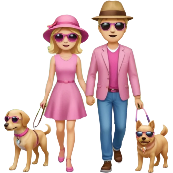 Девушка со светлыми волосами весёлая на прогулке с собакой в парке в розовом платье и с парнем emoji