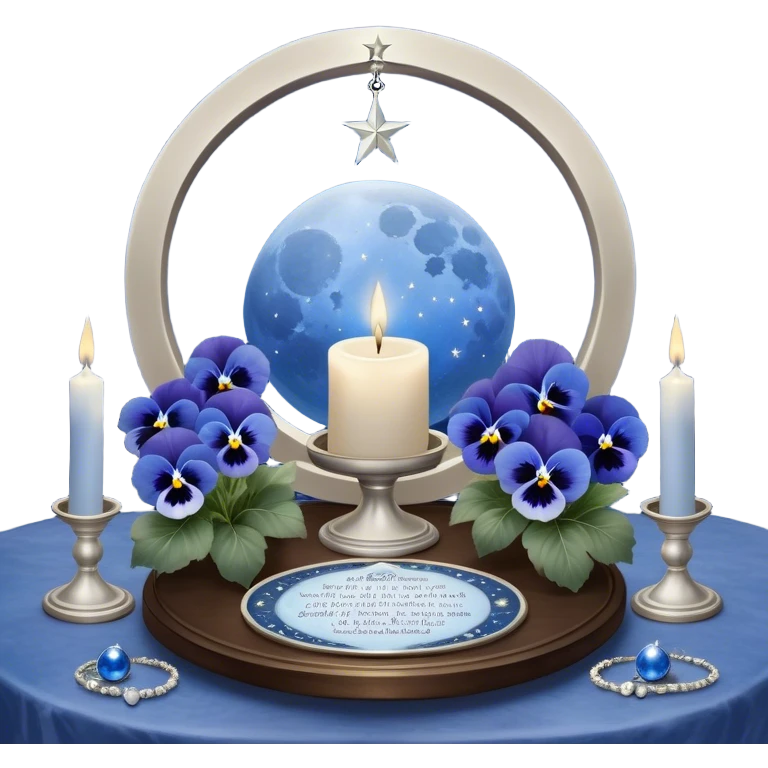 An enchanting night scene where deep blue and light blue pansies gently sway under the soft light of a silver crescent moon. A round, pearl-colored candle sits at the center of a sacred astrological altar, surrounded by silver-trimmed star charts and delicate planetary symbols glowing faintly in the twilight. Nearby, a beautifully crafted crystal sphere rests atop an ancient book of celestial wisdom, reflecting the constellations above. The sky is alive with swirling nebulae and zodiac glyphs, forming intricate cosmic patterns. A faint silver doorway, outlined by threads of lunar energy, shimmers in the background, hinting at hidden knowledge beyond the stars. emoji