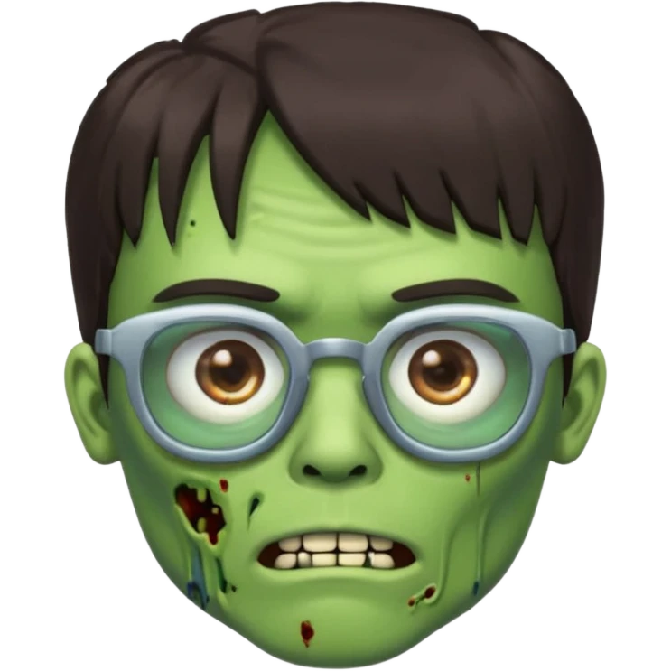 an emoji of a male green zombie with dark brown hair and female bangs that cover your entire forehead and extend to your eyebrows, wearing square, bluish glasses. emoji