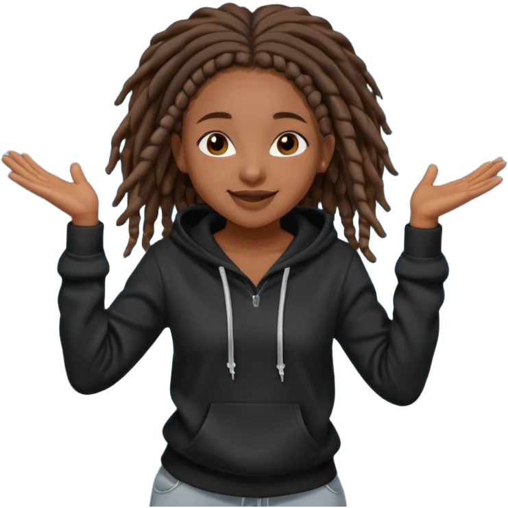 African American girl dark skin complextion a l with short brown dreadlock braids wearing plain black hoodie dancing emoji