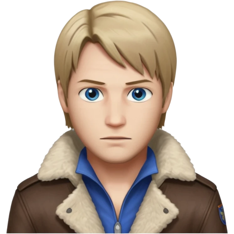Leon Kennedy from resident evil 4 remake in sheepskin coat with blue eyes emoji