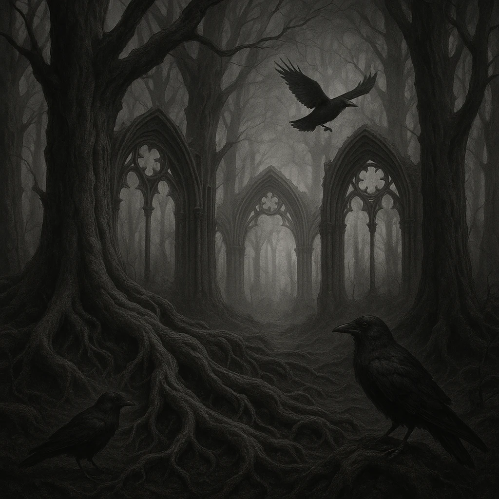 gothic woods with overgrown roots, ravens, gothic arches emoji