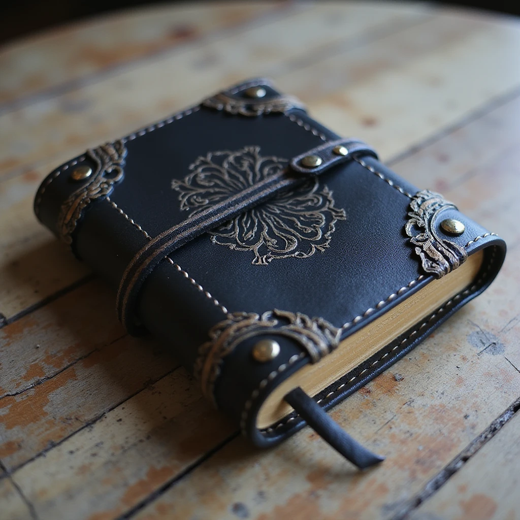 a realistic leather-bound diary, detailed, closed, black leather, embossed cover design emoji