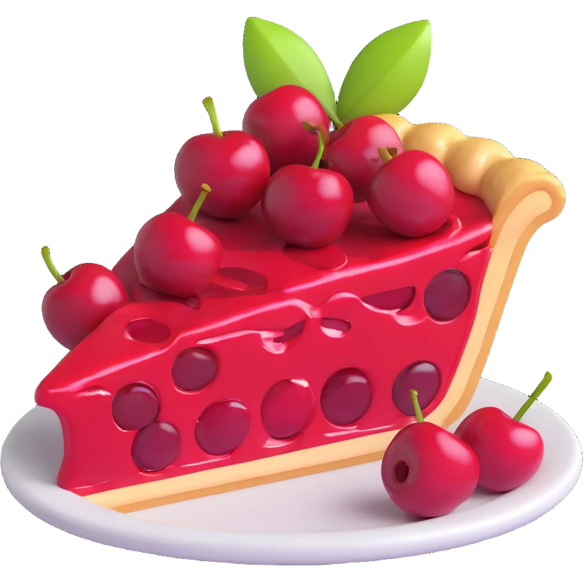 Add more gloss and shine to the 3D emoji style cherry pie slice, especially on the cherries and pie surface. Keep the shape and details the same, no plate, fork, or background. emoji