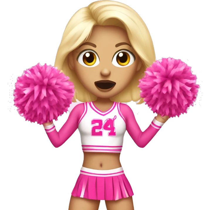 blonde cheerleader wearing pink uniform holding pink pompoms with pink bubblegum on mouth emoji