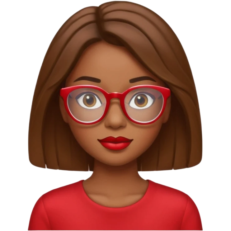 It creates a girl with brown skin, hair a little below her shoulders, just a little, pretty clear glasses, wearing red clothes and red lipstick. emoji