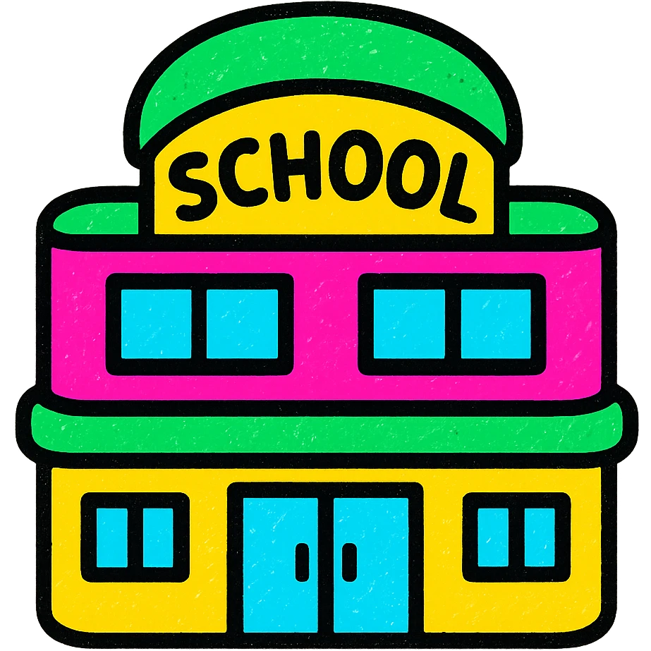 school building, modern look, green gold and white color scheme, rounded shapes, simple design emoji