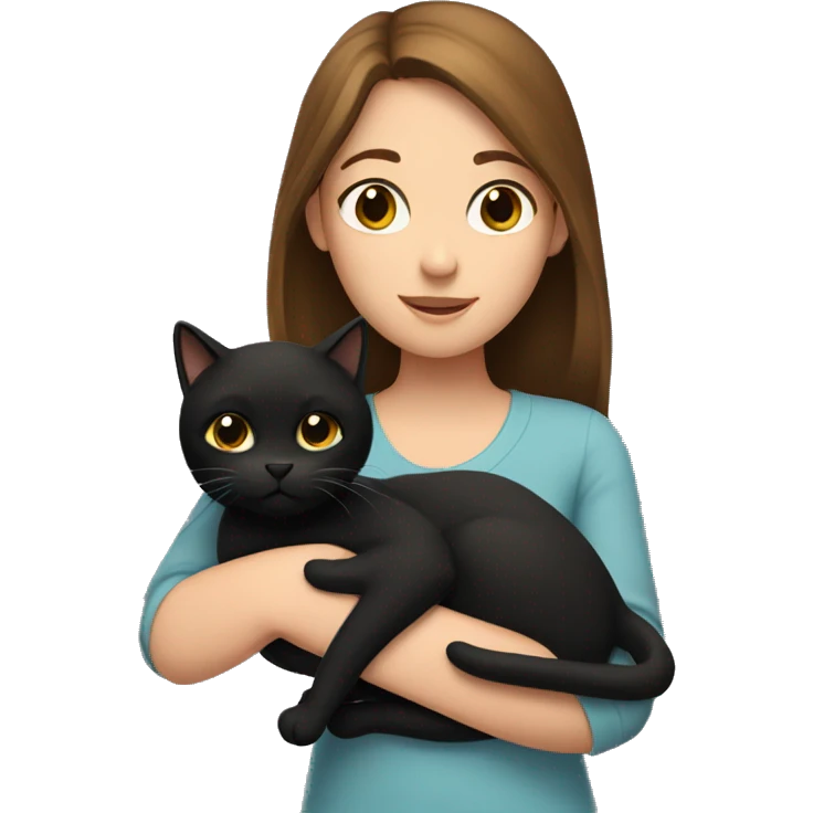A girl with brown hair holds a black cat in her arms. emoji
