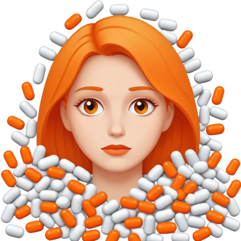 A lady buried in a huge pile of pills, the pills are all half white and half orange emoji