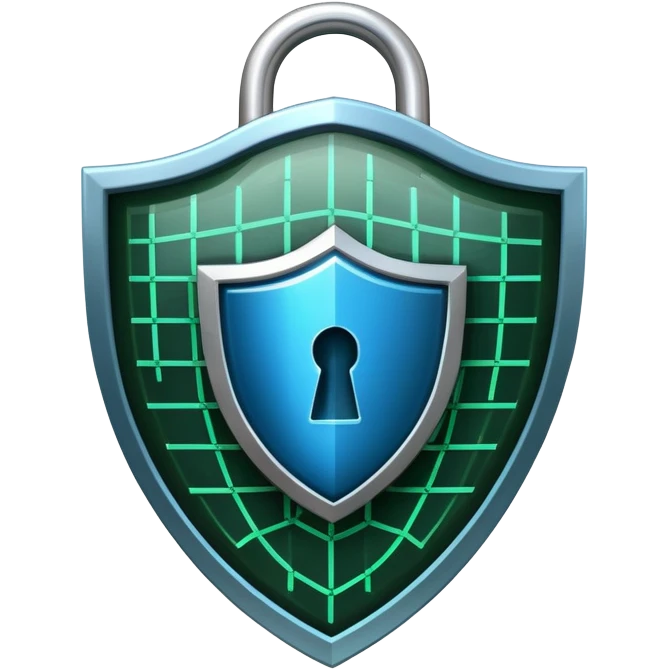 An icon featuring a shield with a padlock, a digital network grid, and binary code, symbolizing cybersecurity. The design includes a hacker’s silhouette, a firewall, and encrypted data flow, representing protection against cyber threats. Transparent background highlights digital security. emoji