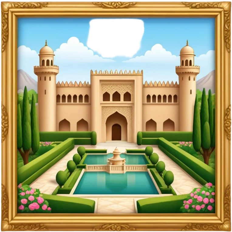 Cinematic Realistic Alhambra Landmark Emoji, showcasing the ornate historic palace with lush gardens rendered with rich textures and soft, majestic lighting. emoji