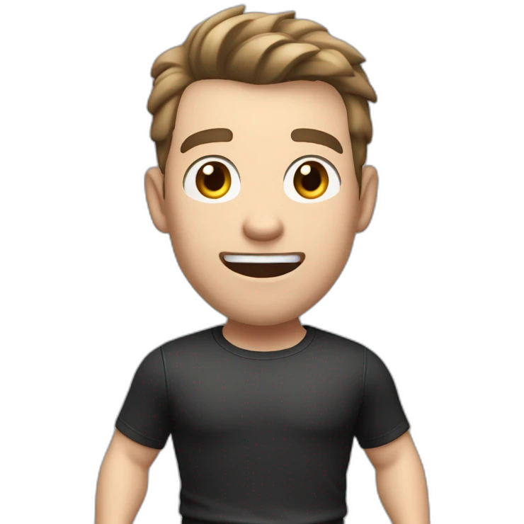 amazed Open with surprise mouth Pale skinned Fit Man With the biceps and dark brown hair in black shirt, gray sports shorts and white Sneakers emoji