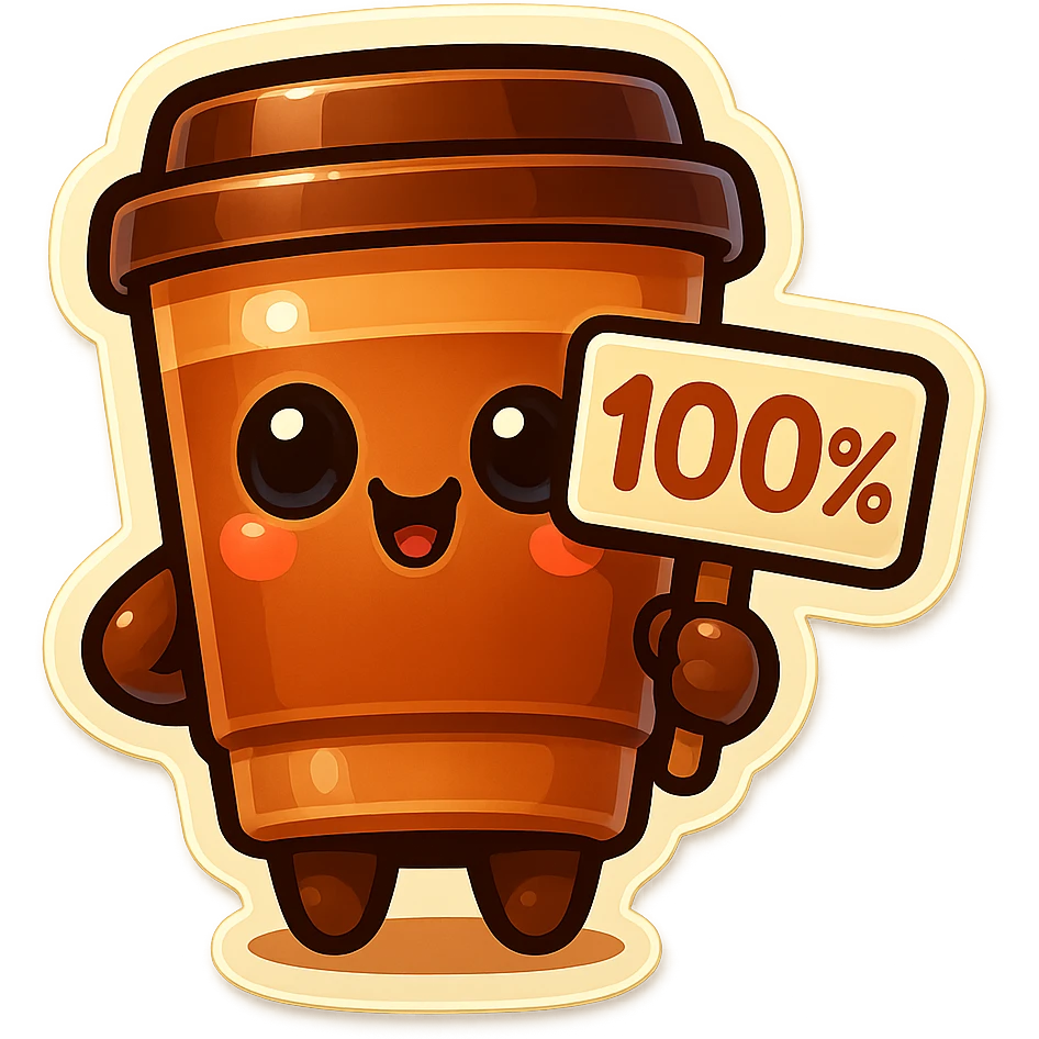 Tall coffee cup, holding sign "100%" emoji