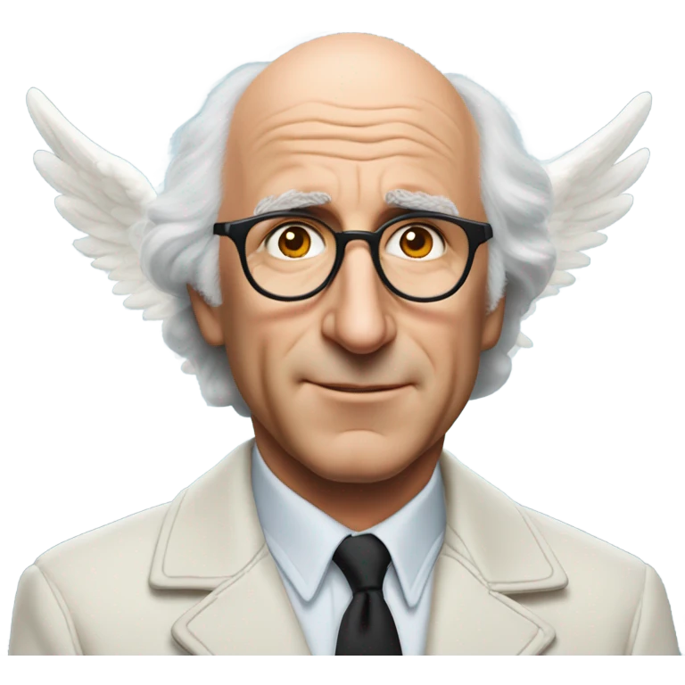 Larry David  in jacket portrait with an angel halo emoji