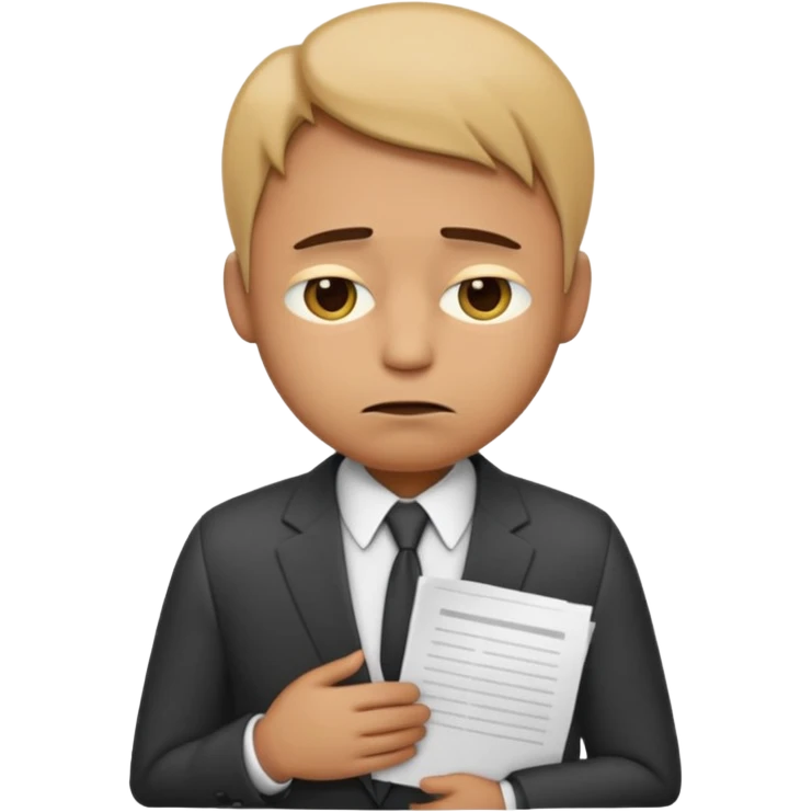 emoji character wearing a suit. face has a very sad, disappointed expression with drooping eyebrows and half-closed eyes. posture is dejected, with slumped shoulders just rejected from his interview to get a job, holding cv emoji