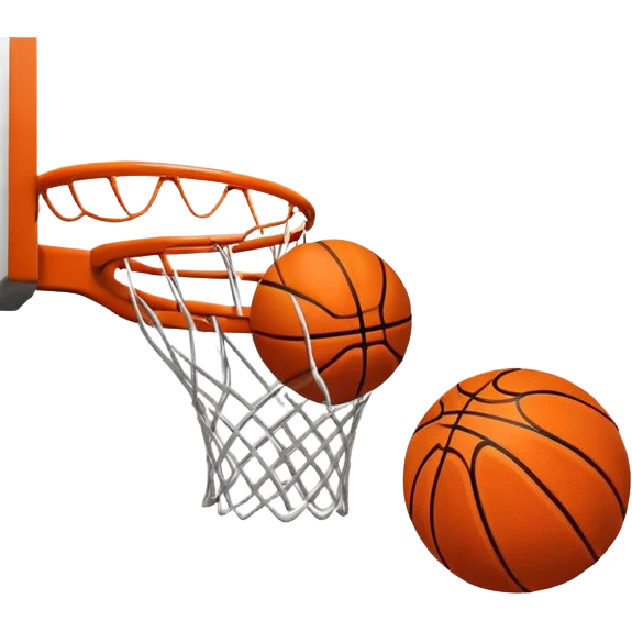 A close-up shot of a basketball entering the hoop, with the ball swishing through and inside  the basket. The background features a blurred basketball court, emphasizing the perfect shot and the excitement of the game. emoji