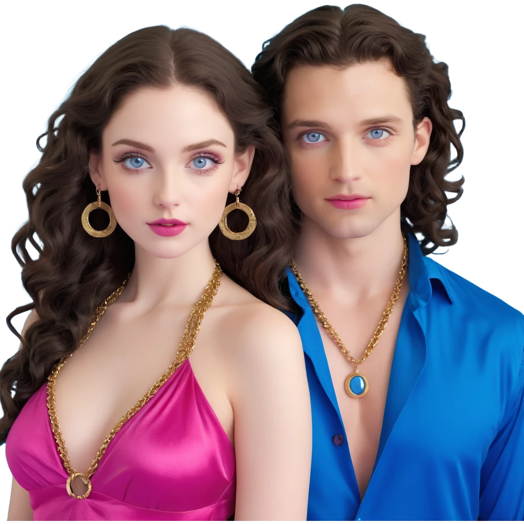 attractive couple in nightclub, colorful lights, woman with big blue-grey eyes, long lashes, pale skin, pink lips, long voluminous dark brown curls, gold hoop earrings, revealing silky halter top next to handsome man with intense blue-grey eyes, chiseled features, pale skin, confident smirk, dark brown styled hair, gold chain, revealing open shirt, dancing together emoji