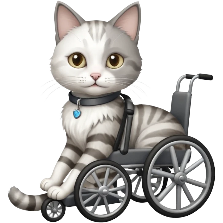 disabled grey and white small cat using cat wheelchair emoji