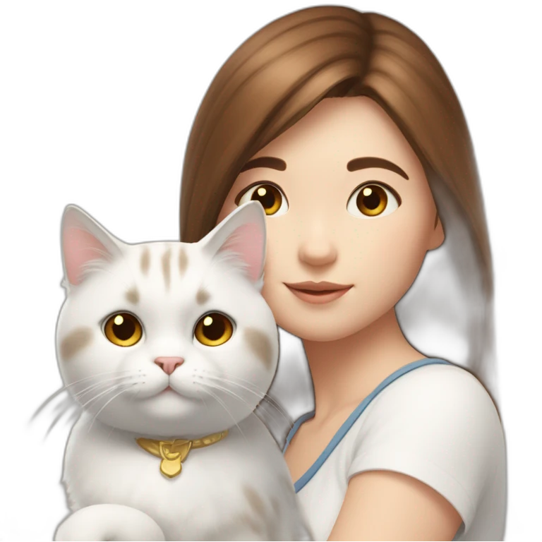 A girl with brown straight hair and on her left shoulder and neck lies a white fluffy cat with eyes of different colors emoji