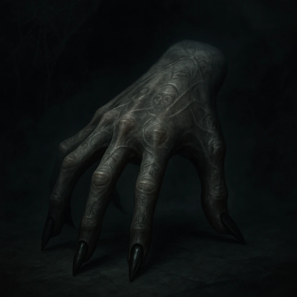 Wednesday Addams' hand inspired by Thing crawling, slightly creepy, gothic style emoji