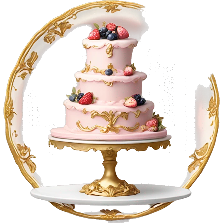 aesthetic vintage rococo cake with white icing, pale pink icing, berries on a gold and white ceramic plate stand  emoji
