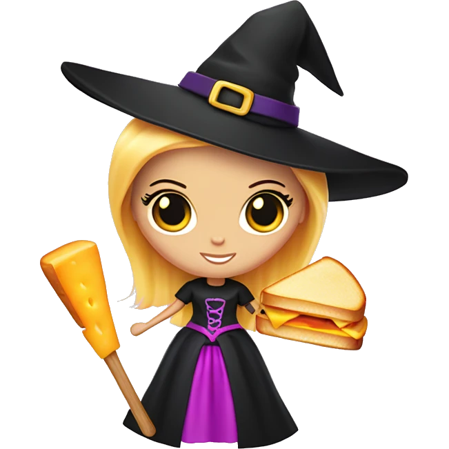 Barbie as a witch holding a grilled cheese sandwich and a scepter emoji