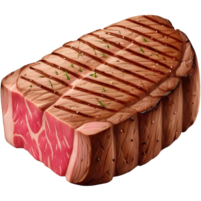 Cinematic thick-cut steak, perfectly seared with grill marks, a juicy pink center, rich and savory, warm glow, sizzling and mouthwatering, highly detailed and appetizing. emoji